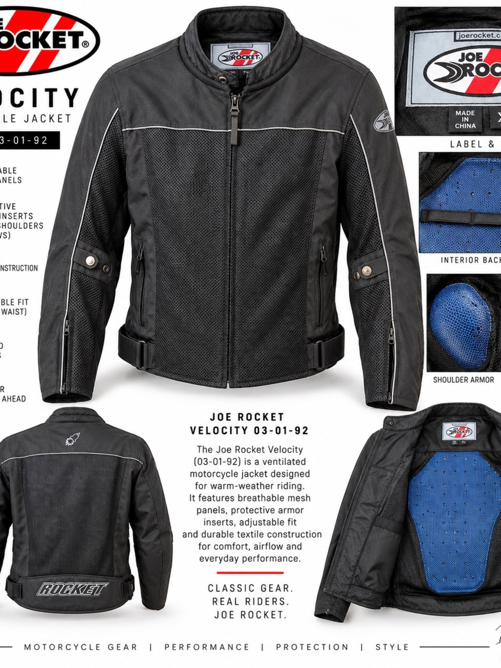Joe Rocket Velocity 030192 XL Black Mesh Armored Motorcycle Jacket Riding Gear